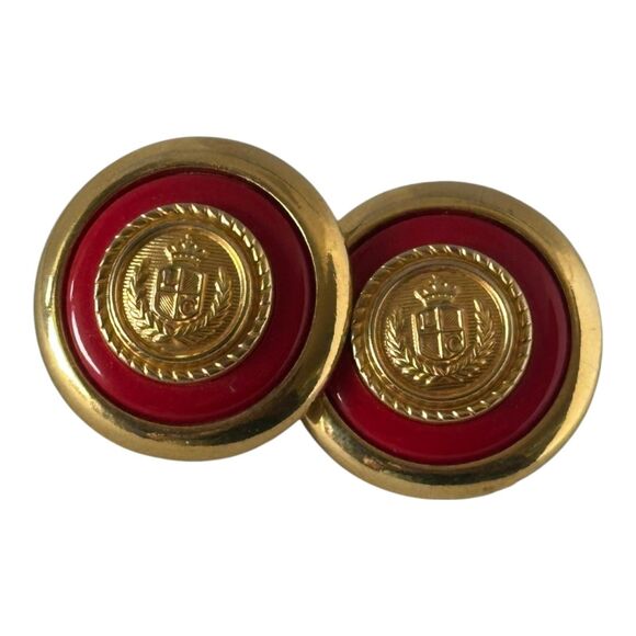 Vintage Liz Claiborne Red And Gold Crest Button Style Earrings Pierced - Picture 1 of 6